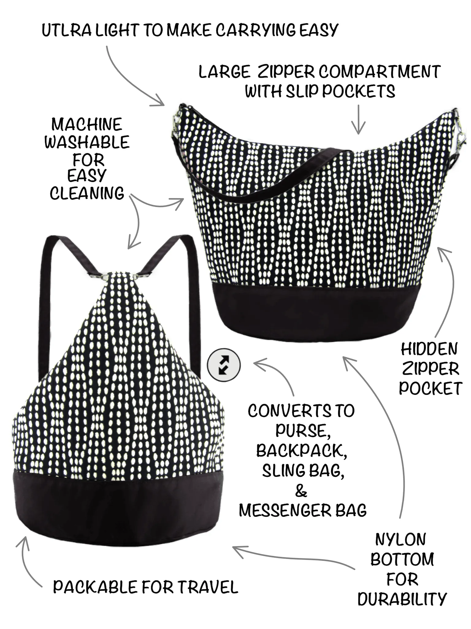 Granite Damask | Dark Grey Nylon | Convertible Backpack Purse