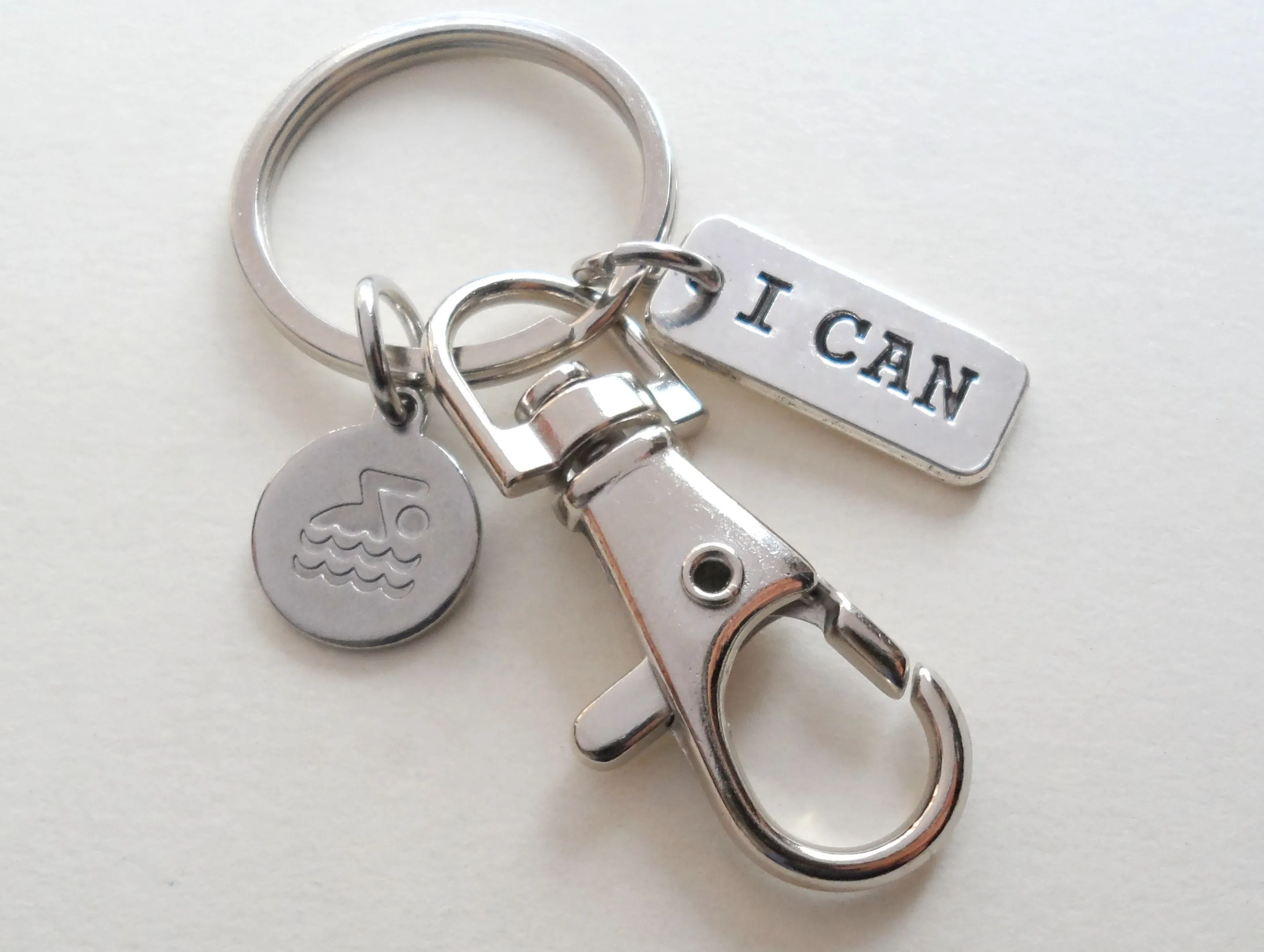 Swimming Keychain with I Can Charm and Swivel Clasp, Swimmer or Coach Keychain