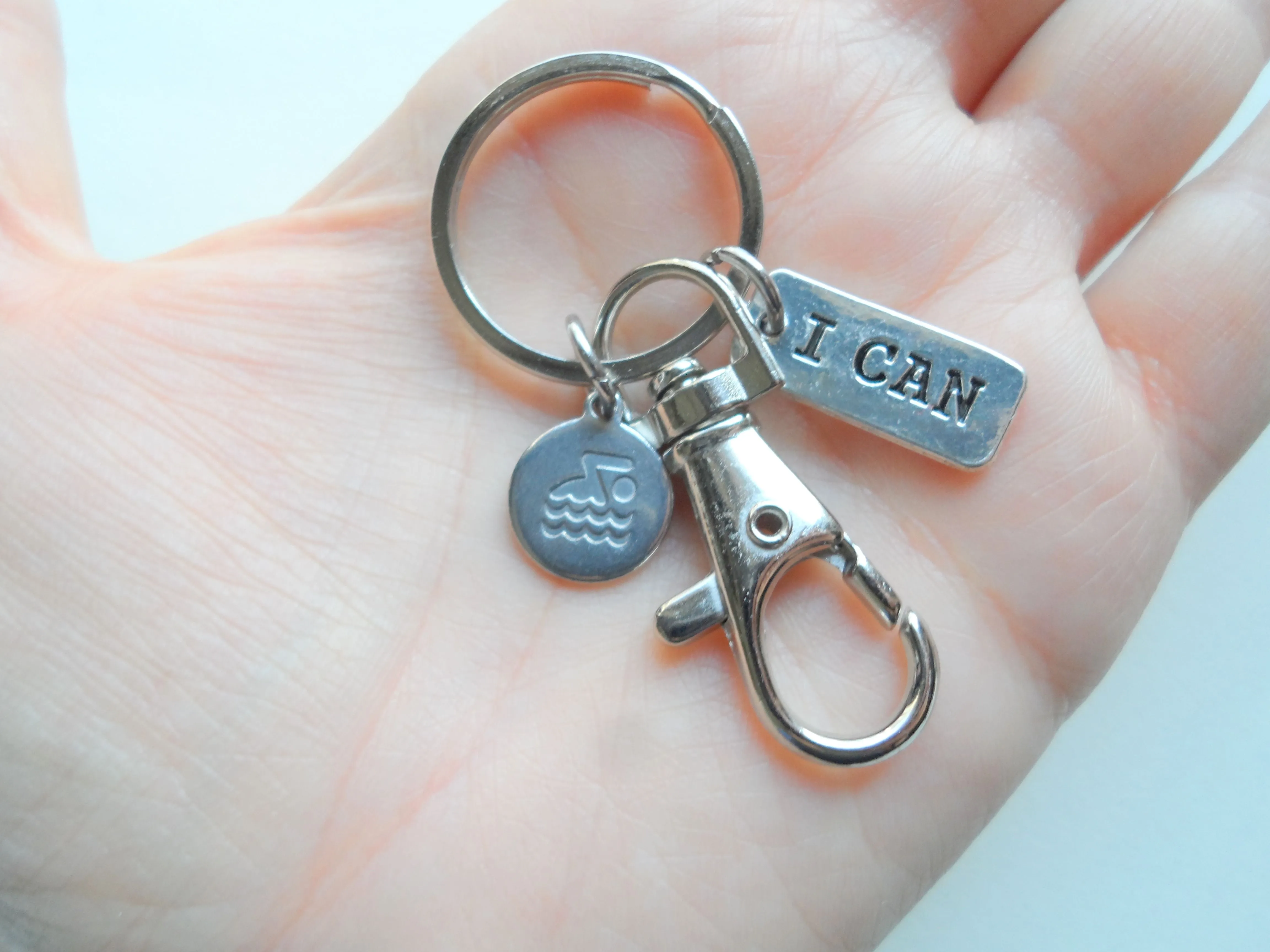 Swimming Keychain with I Can Charm and Swivel Clasp, Swimmer or Coach Keychain
